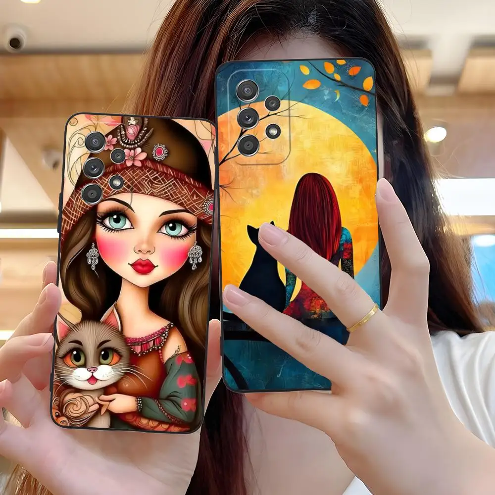 Girl Cat Kitten Art Phone Case for Samsung Galaxy M55 54 42 35 34 33 32 23 22 15 14 13 12 F55 5G Colour Protective Cover Luxury #5