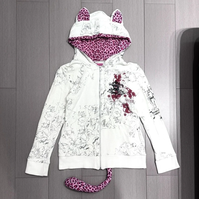 

Women Subculture Japanese Vintage Pink Leopard Print Cat Ear Hoodie Harajuku Hot Girl Fashion Jacket Winter Street Shibuya Coat