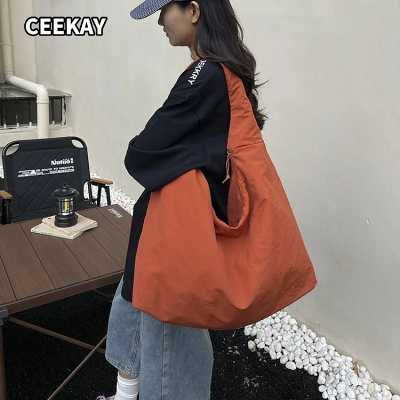 CEEKAY Women's Hobo Bag Orange Nylon Large Capacity Shoulder Handbag Zipper Closure Lightweight Daily Commute Casual Sport
