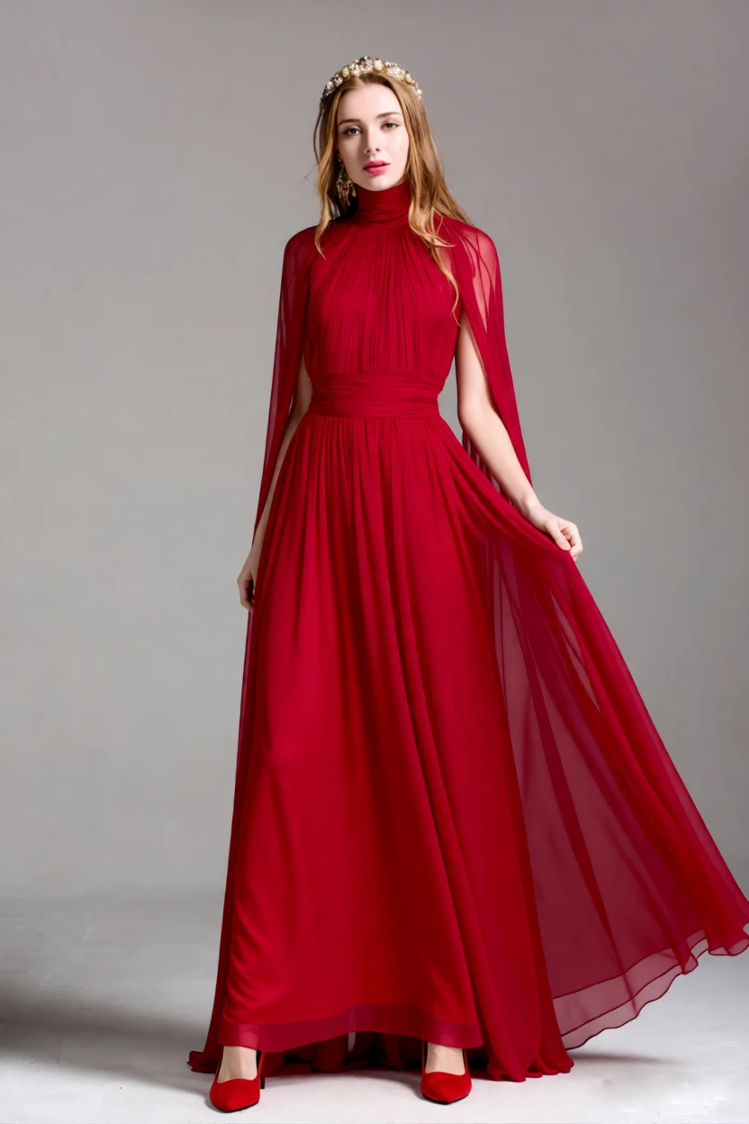 Red High Neck Cape Maxi Dress for Women - Elegant Floor Length Gown with Pleated Bodice & Sheer Long Sleeves Prom Vestidos