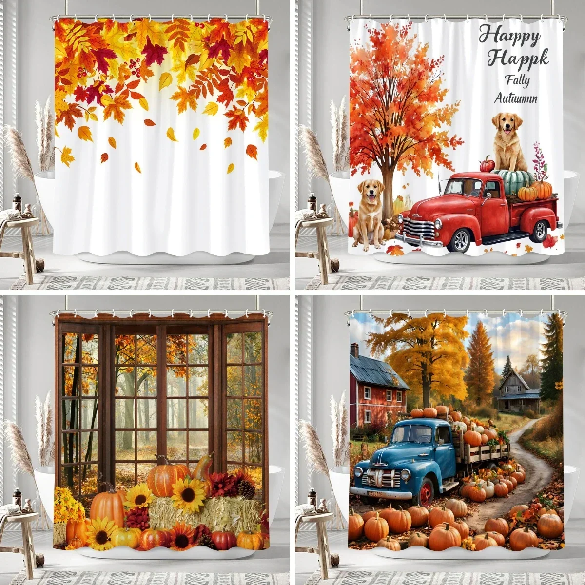 ~O~Autumn Leaves Pumpkin Shower Curtain Rustic Farm Truck Animals Thanksgiving Polyester Fabric Shower Curtains Bathroom Decorat