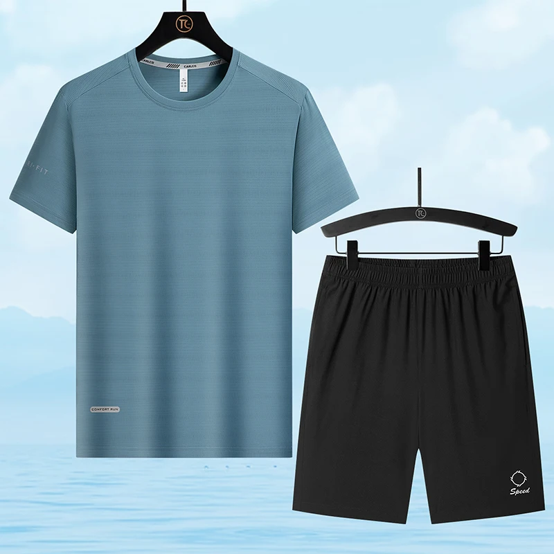Outdoor Badminton Sports Sweat Absorbing Breathable Casual Suit Men's Trendy Loose Ice Silk Quick Drying Sportswear 2-piece Set