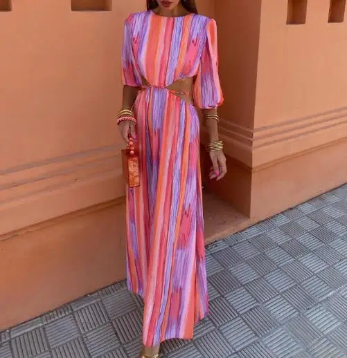 

2025 Women's Summer Round Neck Half Sleeved Backless Strapless Sexy High Waisted Tie Dye Dress
