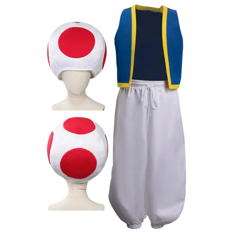 

Kinopio Toad Cosplay Hat Kids Boys Costume Game Bros 2 Roleplay Fantasia Outfits Vest Pants Child Halloween Carnival Party Cloth