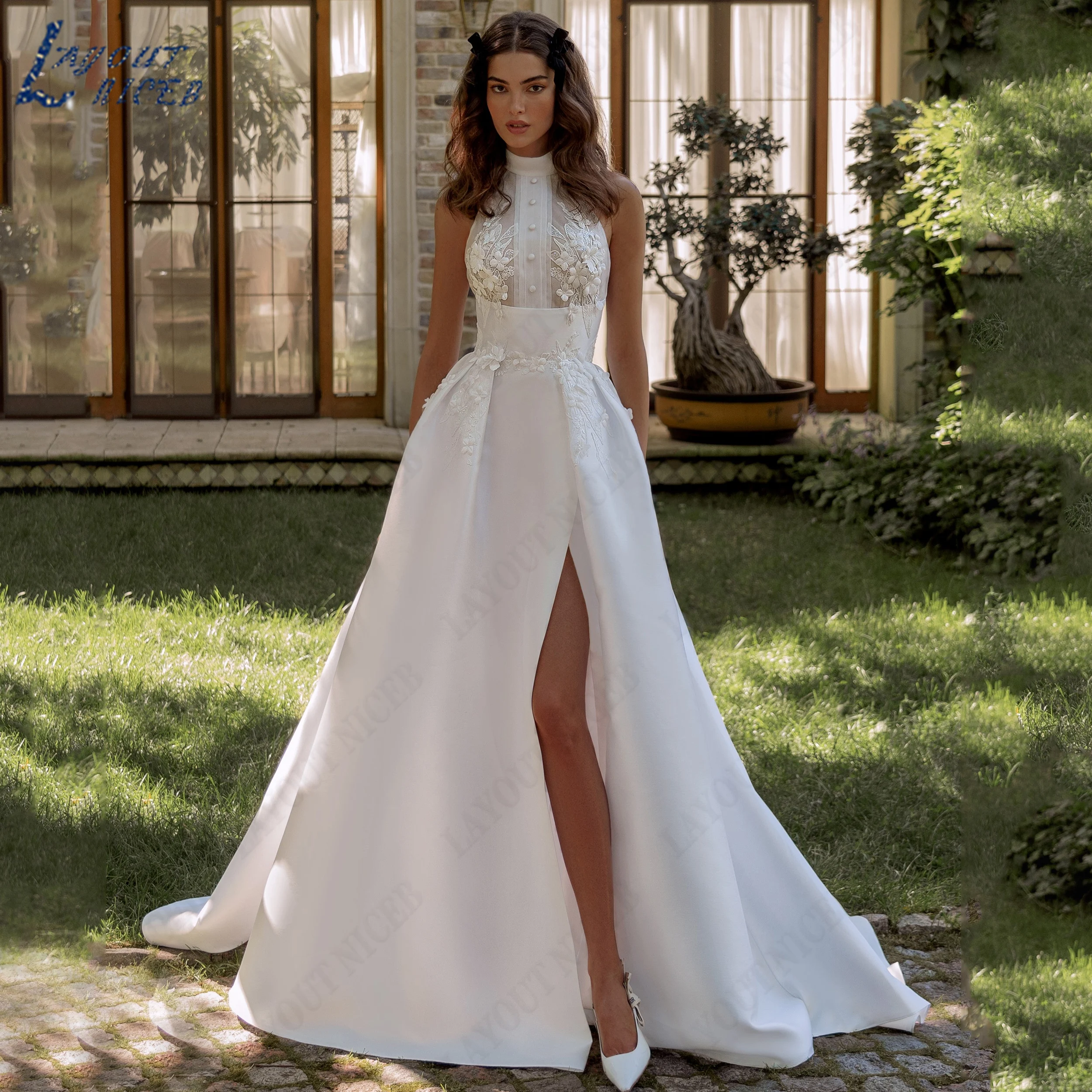 LAYOUT NICEB Customized A-Line Satin Wedding Dress Halter Sleeveless Bridal Gown Applique Side Split Bride Dresses For Weddings