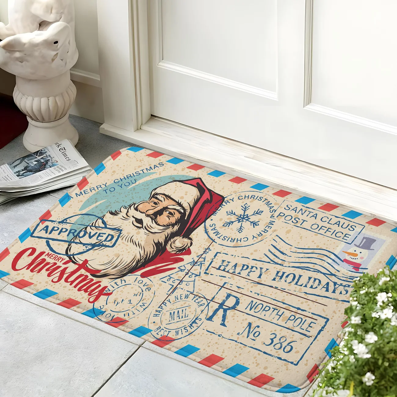 2D Flat Vintage Santa Postcard Christmas Pattern Rug, Non‑Slip Washable Mat for Living Room Bedroom Hallway Indoor Decor