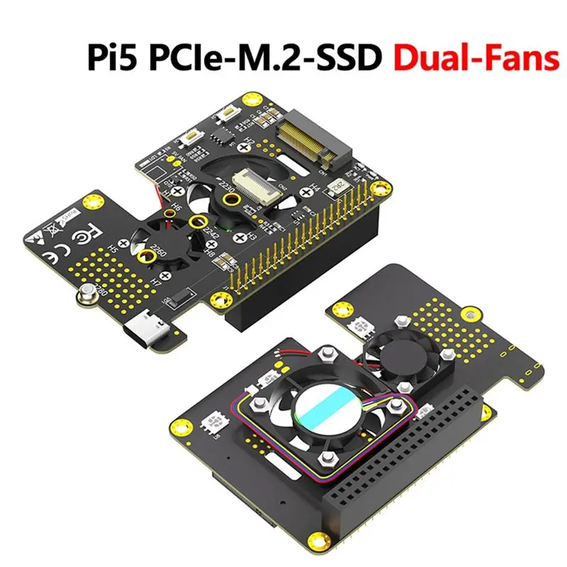 For Raspberry Pi 5 Pcie To M.2 Nvme SSD HAT 3In1 With Dual Fan Gen2 Gen3 For 2230 2242 2260 2280 M.2 M-Key Nvme SSD