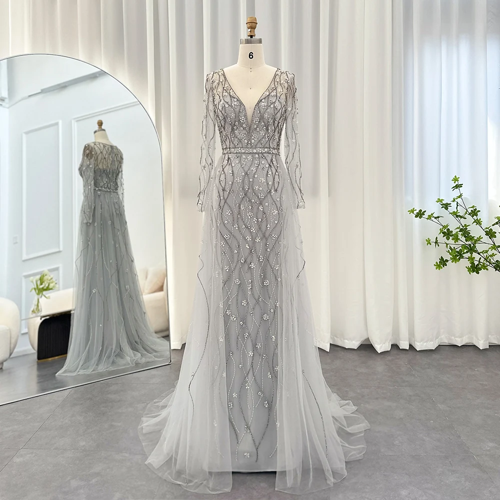 

Jancember Dubai Silver Gray Evening Dress With Overskirt Long Sleeves Arabic Formal Party Gowns For Women Wedding Scz151