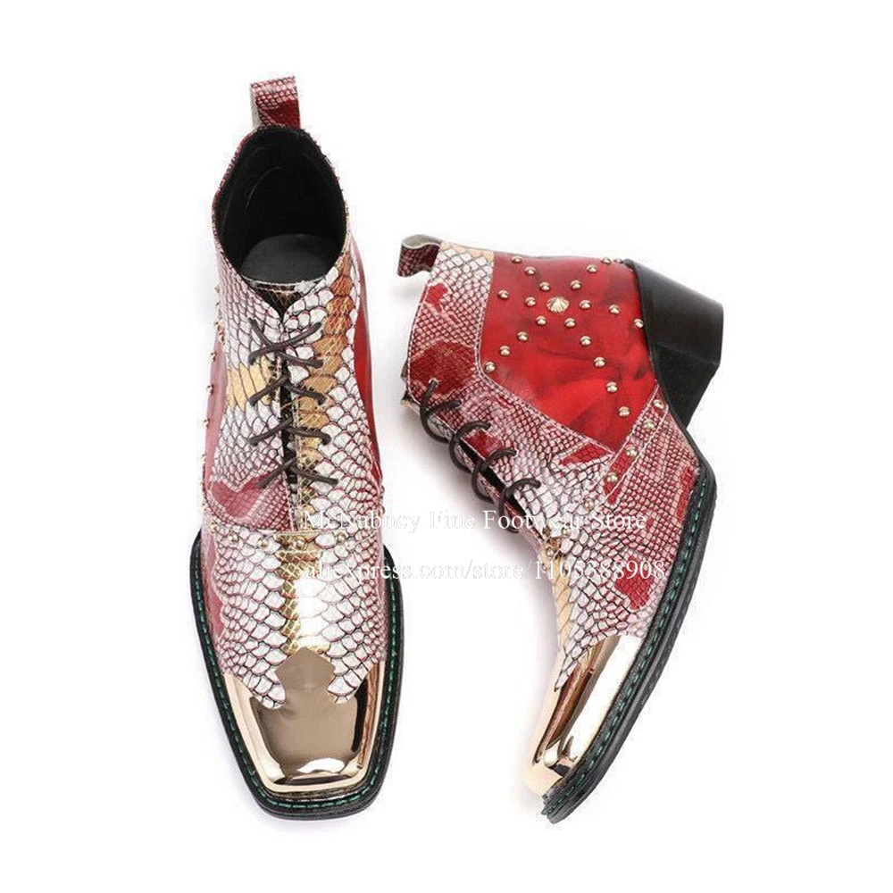 Red White Snake Print Gold Studs Men Western Ankle Boots Metal Pointed Toe Lace up Dress Boots for Men Business Wedding Party