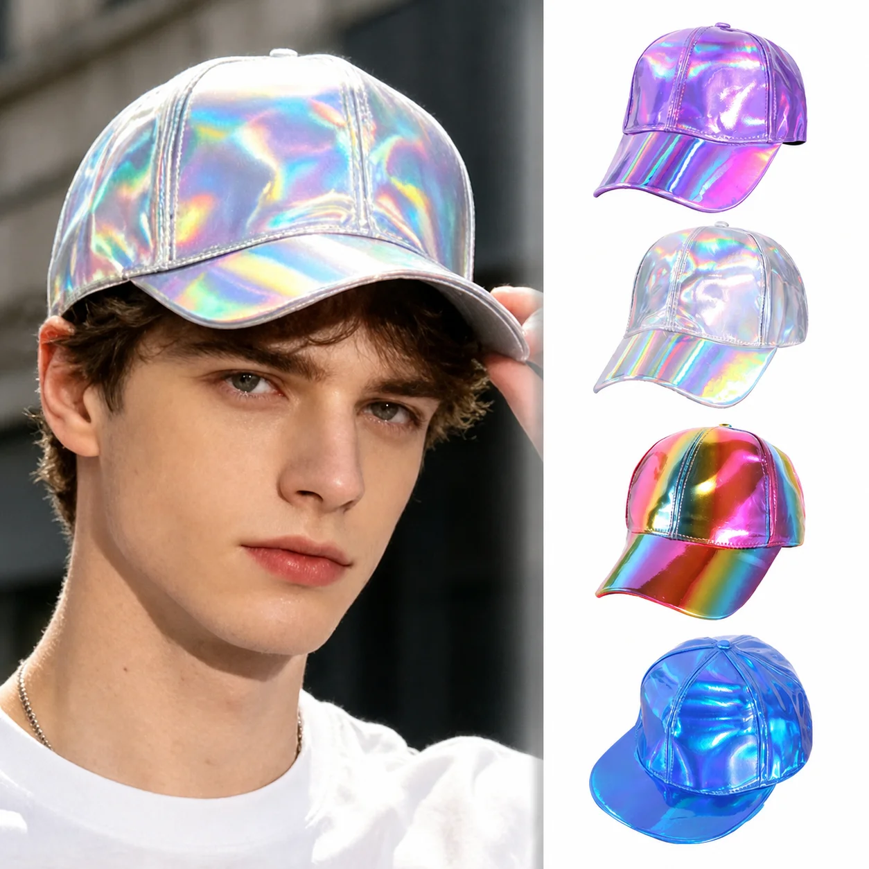 Holographic Laser Baseball Cap for Men Women Shiny PU Leather Snapback Hat Rainbow Reflective Hip Hop Party Rave Sun Visor Cap