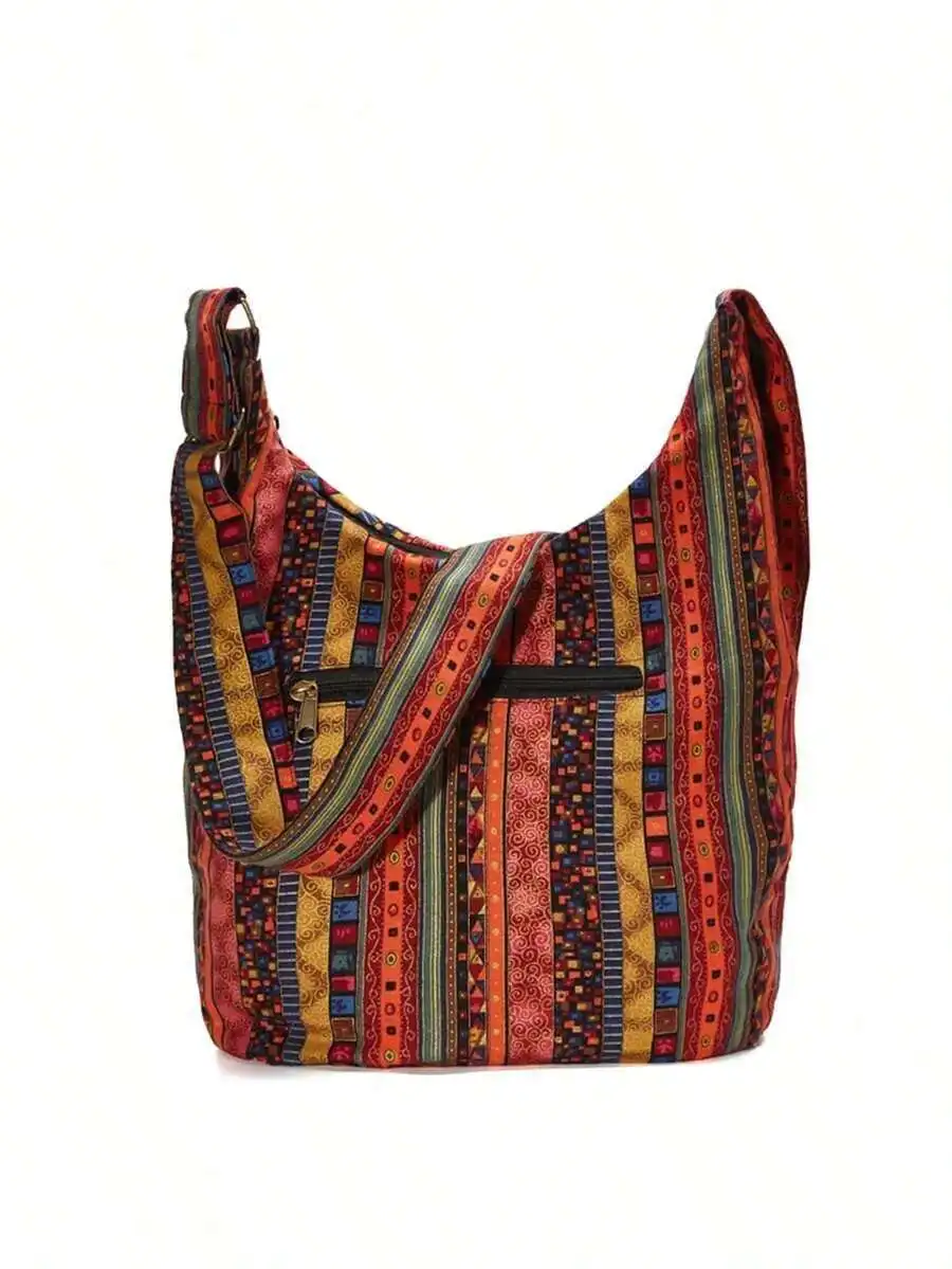 

Womens Bohemian Style Canvas Hobo Bag With Striped Pattern And Zipper Closure