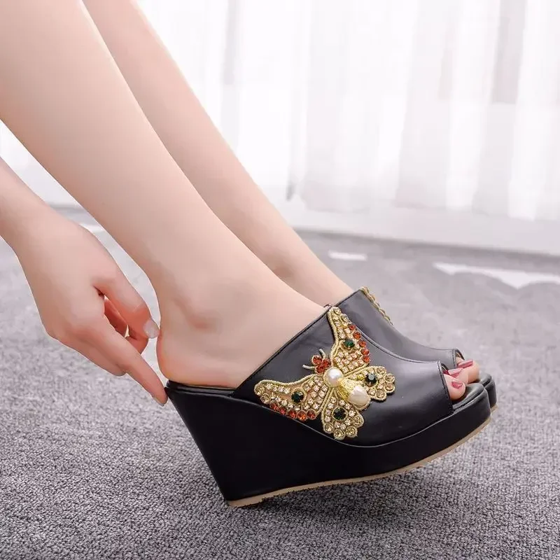 women sandals wedding Party banquet PU Rhinestones Slip On 10CM Wedges High Heels Peep Toe sandal women shoes 2020 size 35-42