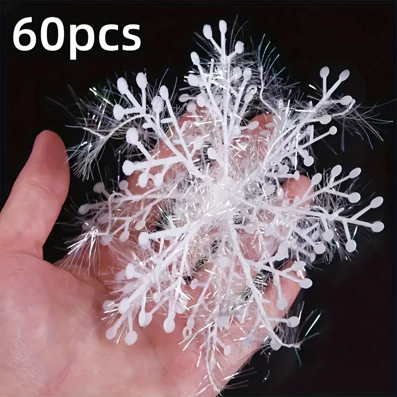 60pcs White Snowflake Hanging Ornaments, Festive Christmas Tree Decor Set, Perfect for Winter Party And Home Decor