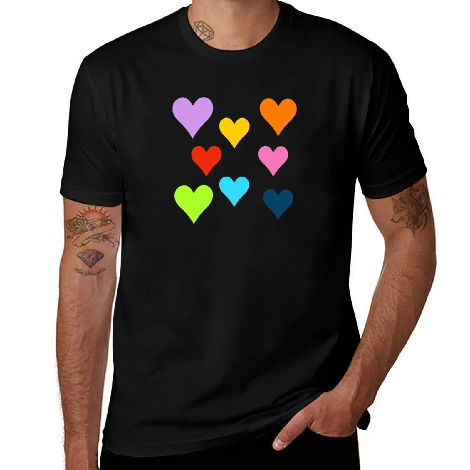 Rainbow Hearts-Fun Exciting Bright Heart Pattern T-Shirt Labor Work Casual T-Shirt