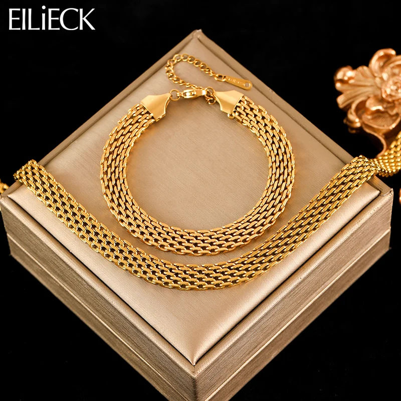 

EILIECK 316L Stainless Steel Metal Gold Color Wide Watch Chains Neckalce Bracelet Set For Women Trendy Waterproof Jewelry Gift