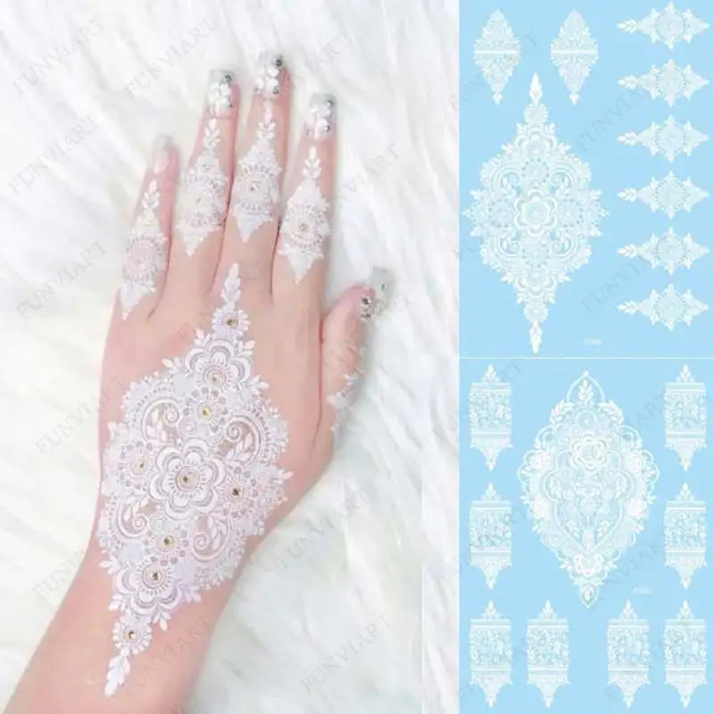 

White Henna Tattoo Stickers for Hand Temporary Tattoos for Women Mehndi Women's Body Art Wedding Party Fake Tatoo