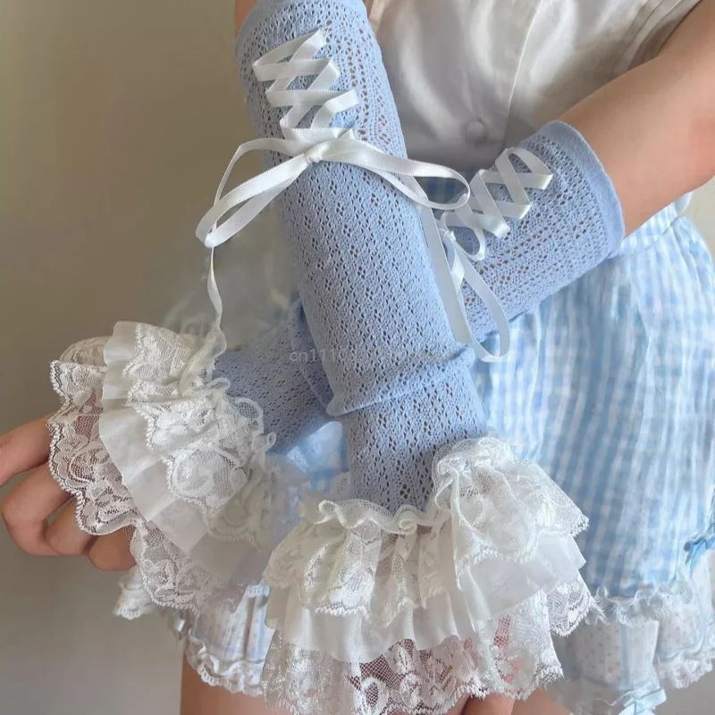Lolita Bow Tie Lace Hand Work Arm Warmers Kawaii Fingerless Mesh Gloves Ballet Sweet Maid Long Cuff Handmade Knitted Sleeves