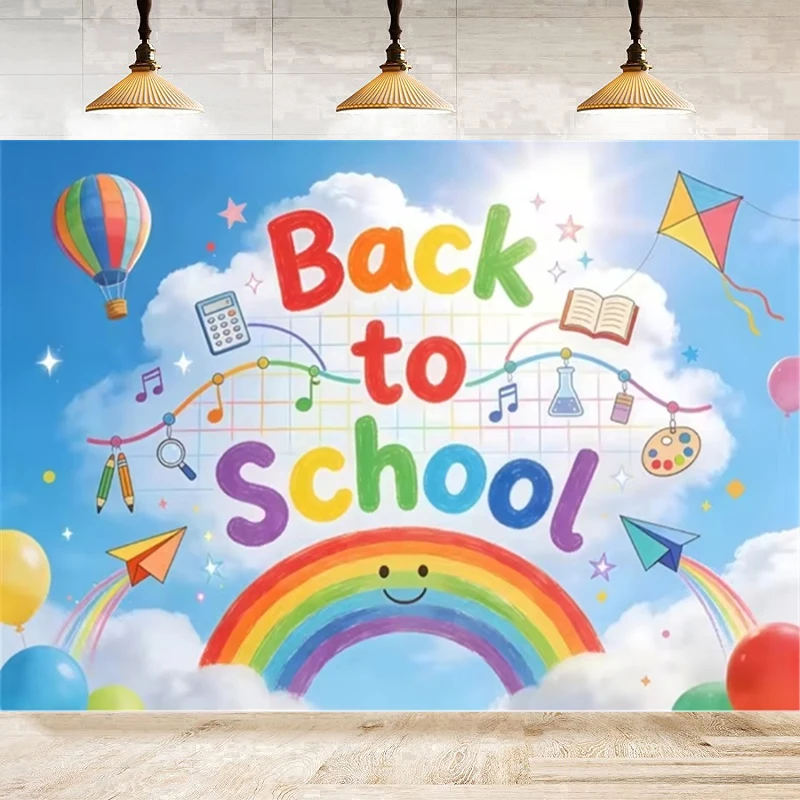 Back to School Backdrop for Children Kindergarten Birthday Party Baby Shower Blue Sky White Clouds Drawing Pencils Background