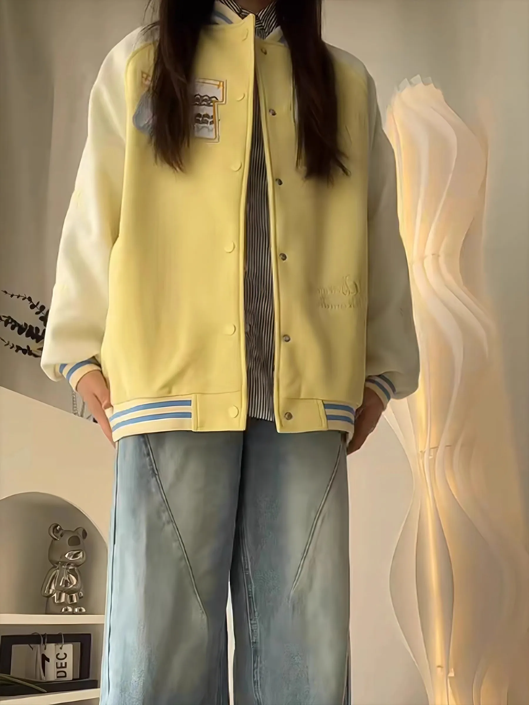Casual Korean Style Baseball Jacket  Patterned Patchwork Women's Spring New All-Match Jacket Coat Long Sleeve Hoodie