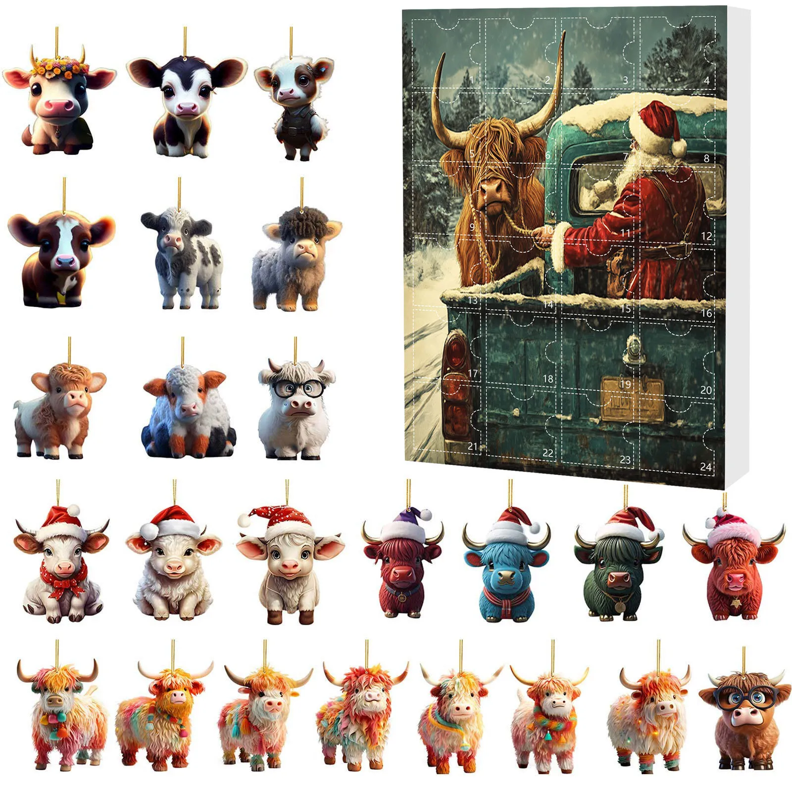 Bonecas de ação highland vaca calendário do advento 2025 contagem regressiva do feriado 2d gado decoração de natal ornamento 24 peças caixa cega