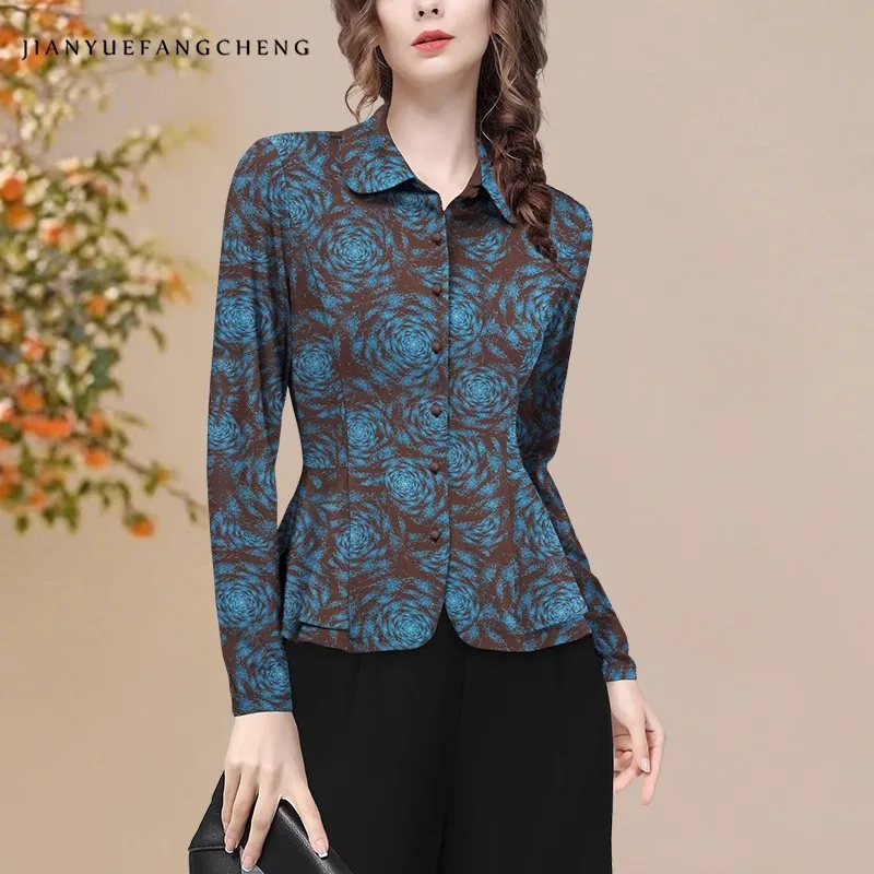 

Винтажная женская трикотажная рубашка с цветочным принтом, блузки на пуговицах с отложным воротником и длинными рукавами, повседневные офисные осенние топы