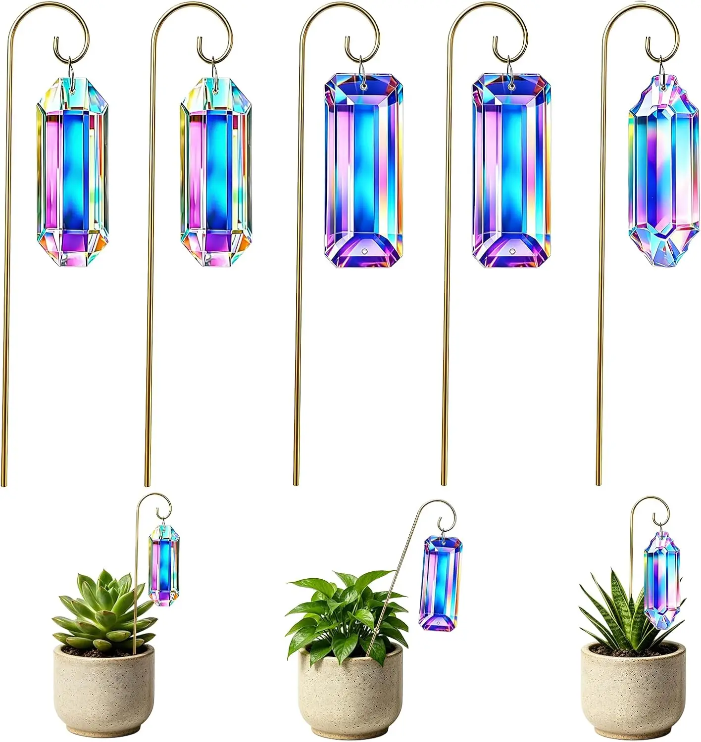 5 Pack Crystal Suncatcher Plant Stakes Golden Trellis AB Colored Prisms for Indoor Potted Plants Garden Decor