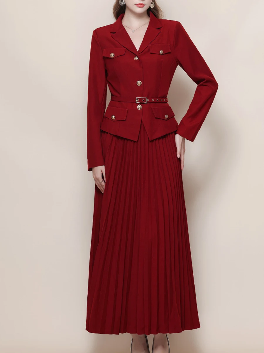 Vgh emagrecimento sólido conjuntos de duas peças para mulheres com decote em v manga longa superior cintura alta saia drapeada casual conjunto de viagem moda feminina nova