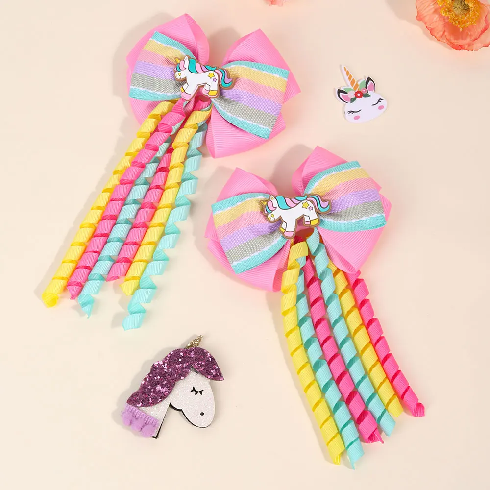 2Pcs Cute Unicorn Bow Hair Clips For Girls Handmade Long Tassels Hairpin Kids Stain Barrettes Headwear Children Birthday Gifts