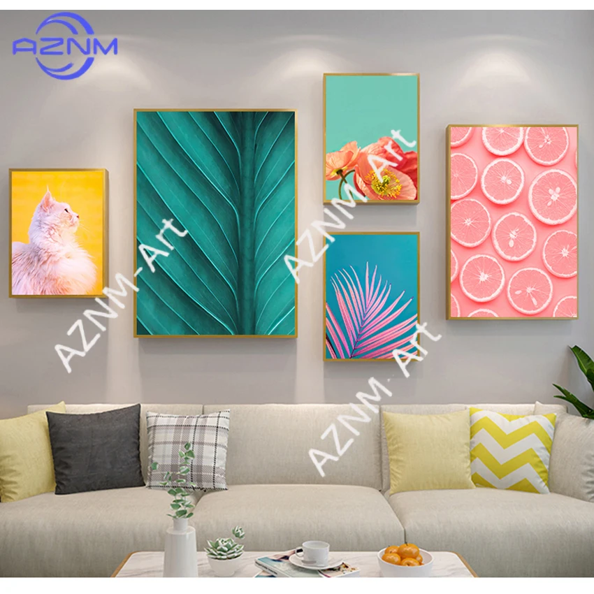 Colorful Pictures For Living Room Home Decor Tropical Plants Nordic s Palm Leaf Flower Orange Cat Wall Art Canvas Painting