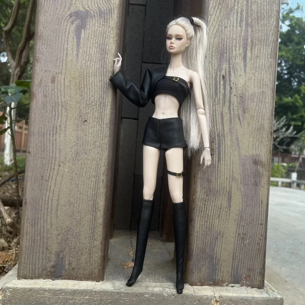 

Новый дизайн, аксессуары для кукольной одежды, красивая одежда, кожаное пальто с одним рукавом + бюстье + шорты для вашей куклы BB 30 см FR в масштабе 1/6