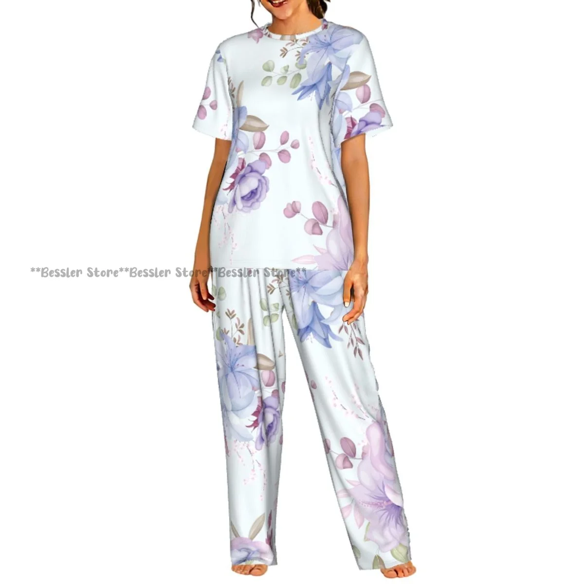 

Women's Floral Leaves Pattern short sleeve trousers casual pajamas set