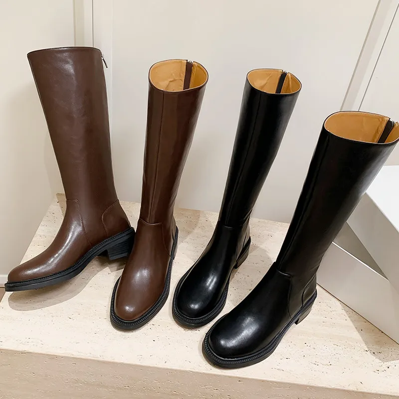 

MKKHOU Fashion Knee Boots Women's New High Quality Genuine Leather Boots Round Head Zipper Straight Long Boots Knee Boots Winter