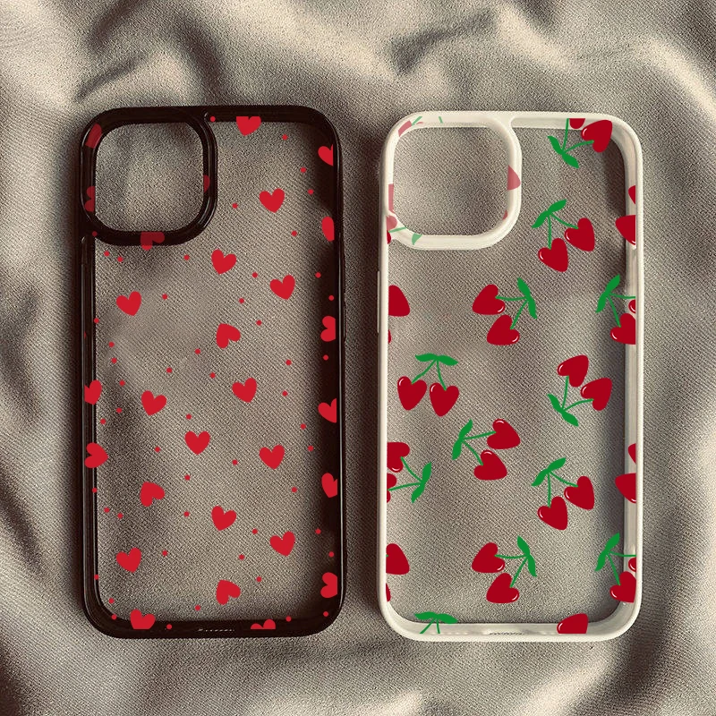 Ute-funda de teléfono con corazón de amor de dibujos animados para IPhone 16, 14, 13, 11, 15 Pro Max, 12, 13, Mini XR, XS 8, 15 Plus, SE2, cubiertas a prueba de golpes de cereza