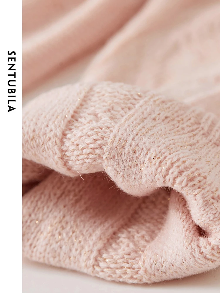 SENTUBILA Jacquard Pink Knitted Sweater Round Neck High Strecth Loose Knit Pullovers 2024 Spring Soft Female Knitwear W41E53437