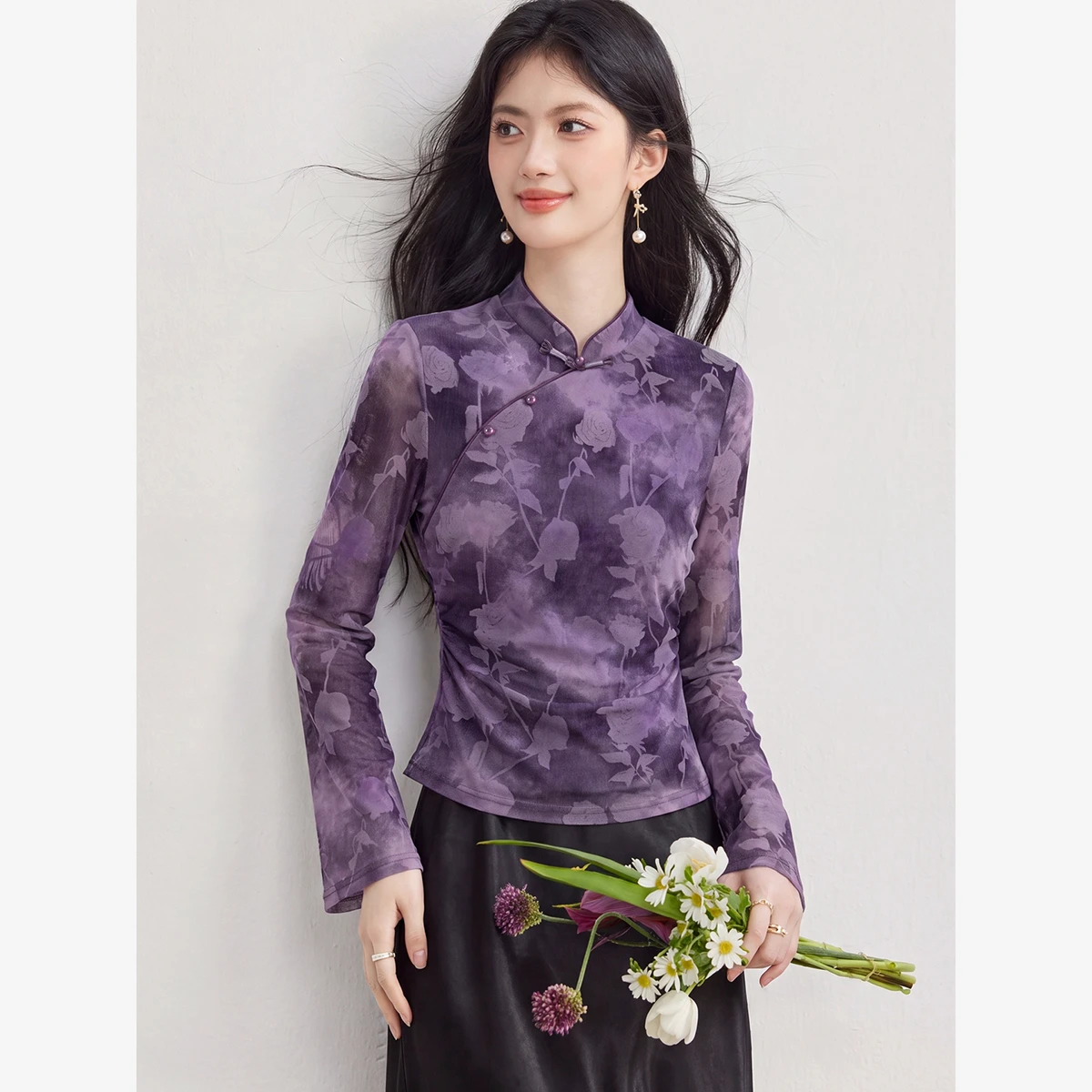 VIMLY New Chinese Style Purple Long Sleeve Blouse Women 2026 Autumn New Modified Stand‑collar Waist‑cinched Shirt Ladies A7536