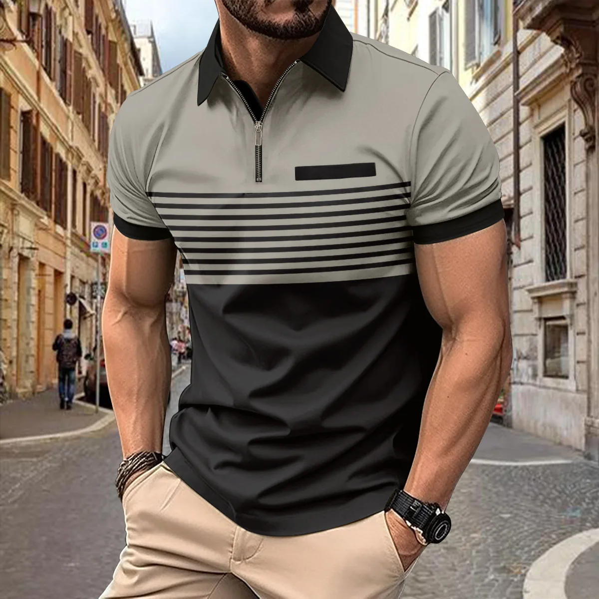 New men\'s summer striped T-shirt color blocking 3D digital printed zippered polo shirt business casual lapel short sleeved polo