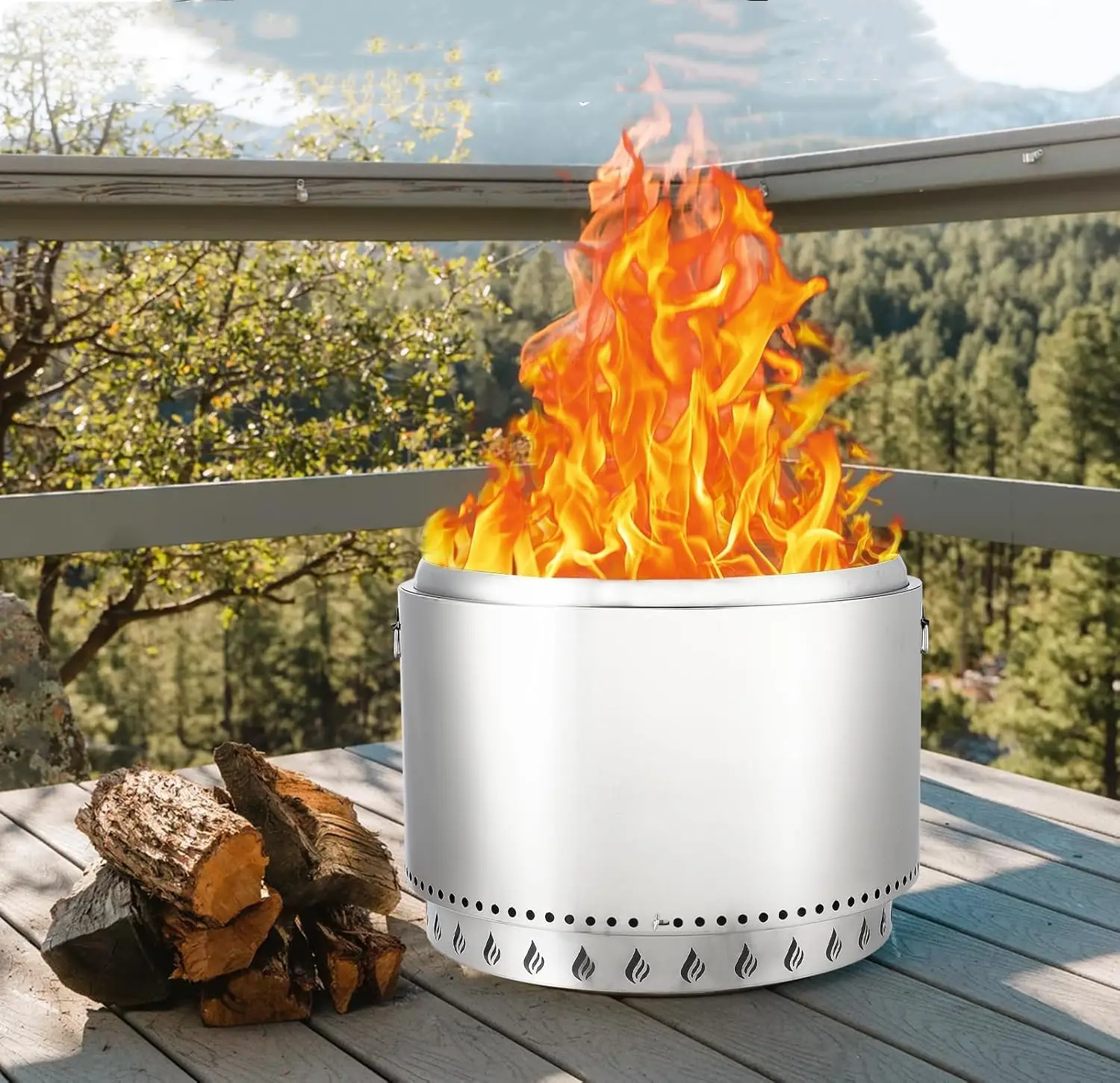 

27 Inch Smokeless Firepit, 360° Airflow & Removable Ash Pan, Stainless Steel Wood Burning Fireplace, Portable Outdoor Fire Pit