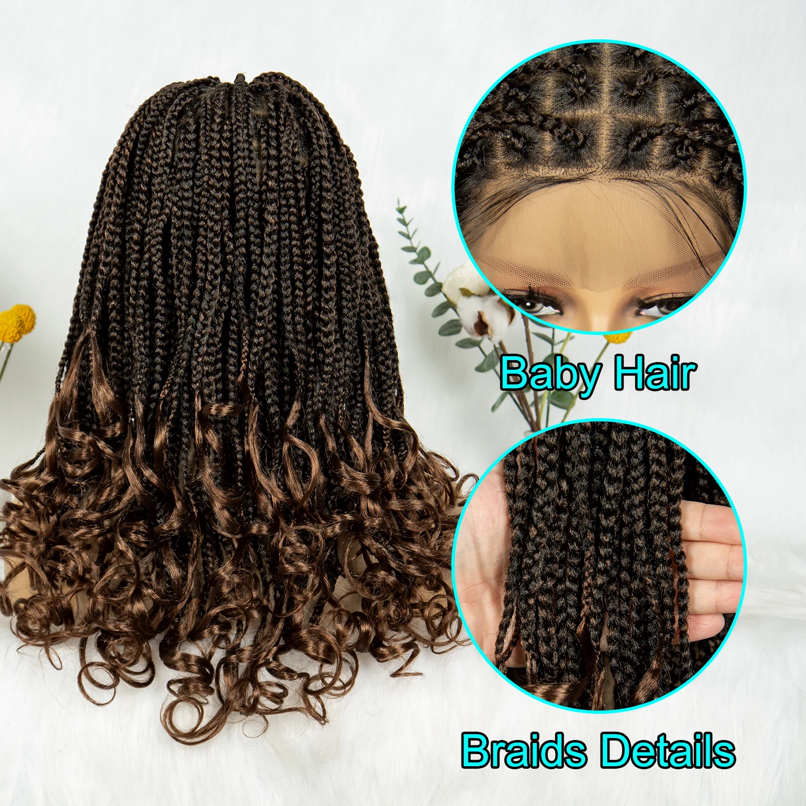 Kima Goddess Box Braided Wigs Transparent Full Lace Braided Wig French Curly Ends with Baby Hair Braided Wigs for African Women