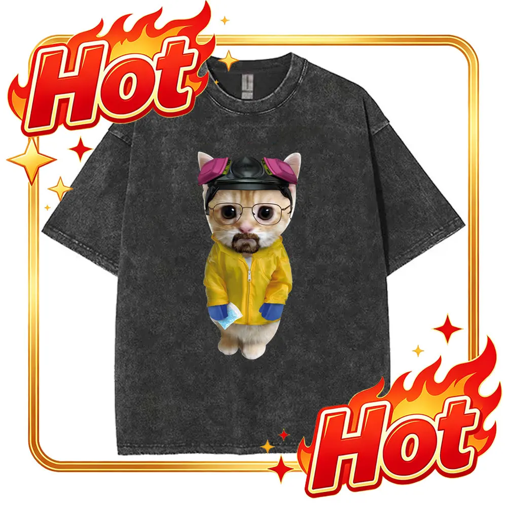 Custom Washed Vintage TV Show Fan Breaking Bad Walter White Heisenberg Cat Funny Meme T-shirts Men's Women Cotton Oversized T Sh