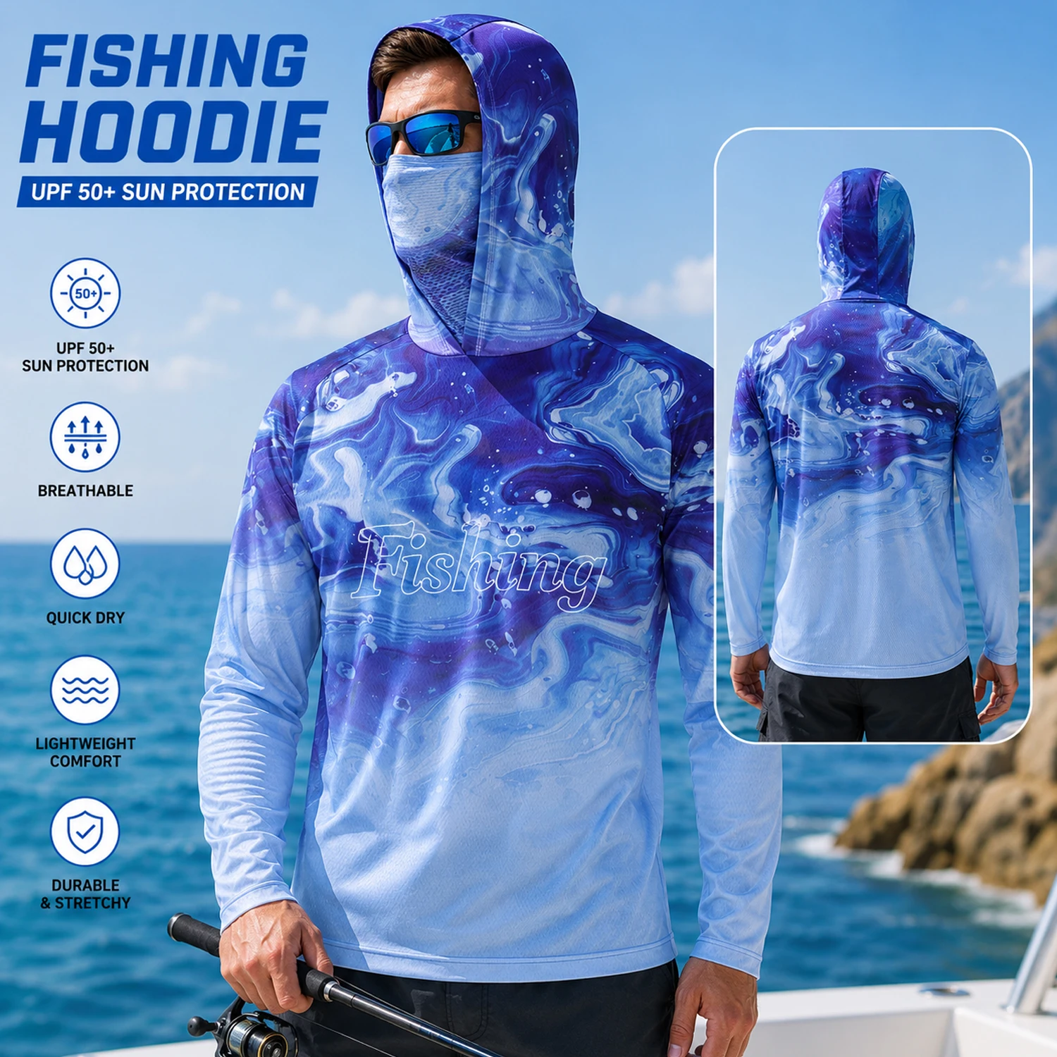 Angeln Shirt Mit Kapuze Männer Angeln Kleidung Outdoor Sommer Maske Hoodie Sonne Uv-schutz Leistung Jersey – Detail 4