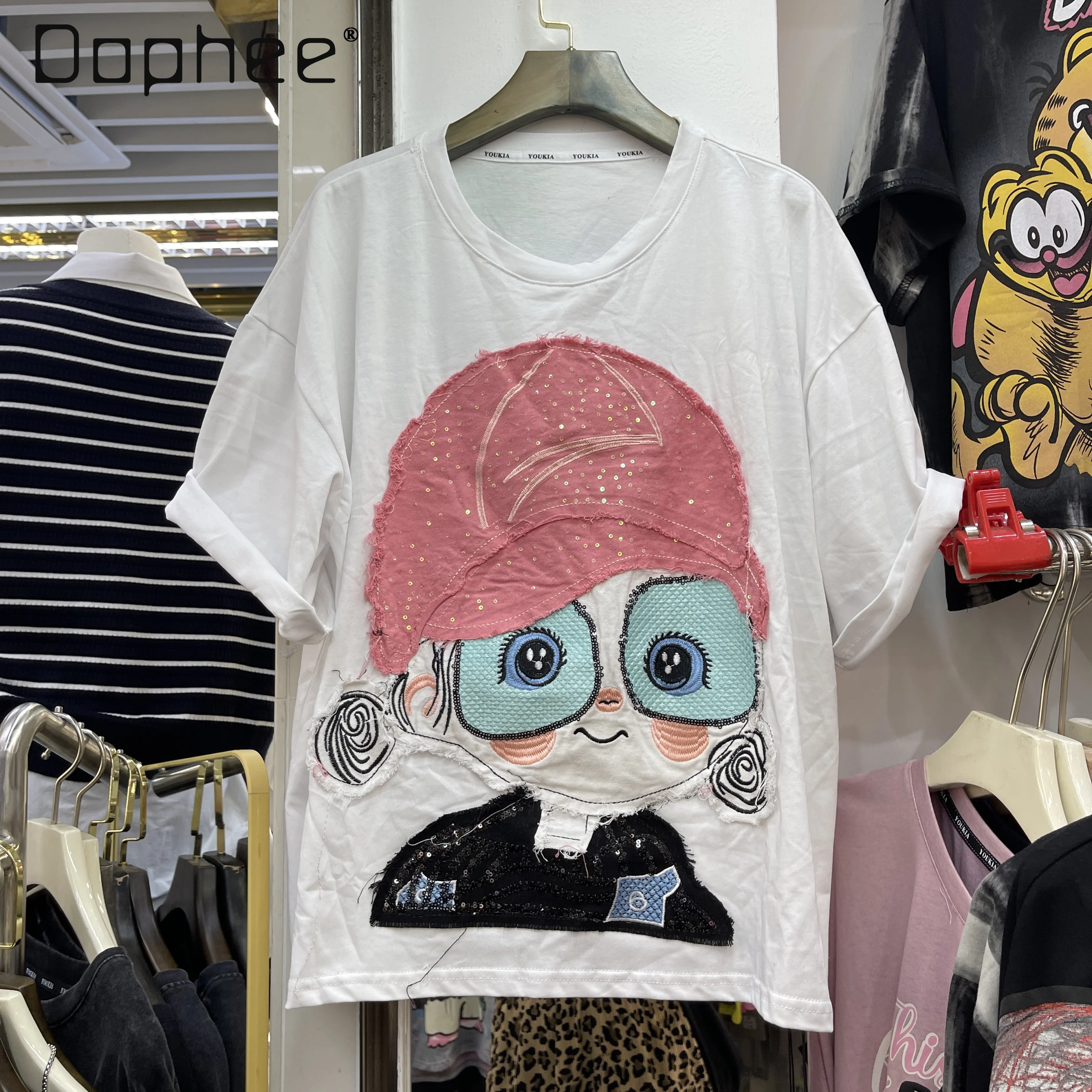 

European Goods Printed Top Women 2025 Spring Summer New Large Version Loose Heavy Industry Cartoon Patch Short-sleeved T-shirt
