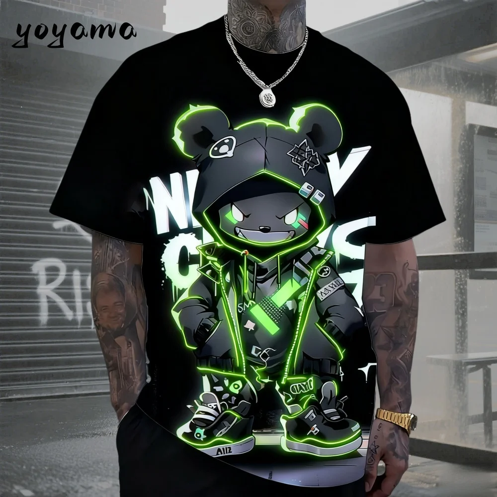 Summer Fun Retro Bear 3D Printings Men's T-Shirt for Street Casual Wear, Quick-Drying and Breathable Sports Short-Sleeved Shirt