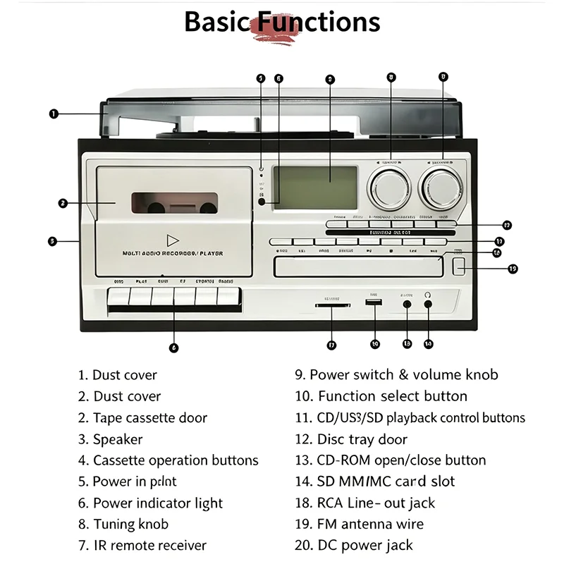 3-Speed Vintage Vinyl Record Turntable Player Multifunction LP CD Cassette Player FM AM Radio BT Speaker Tape & Vinyl to MP3