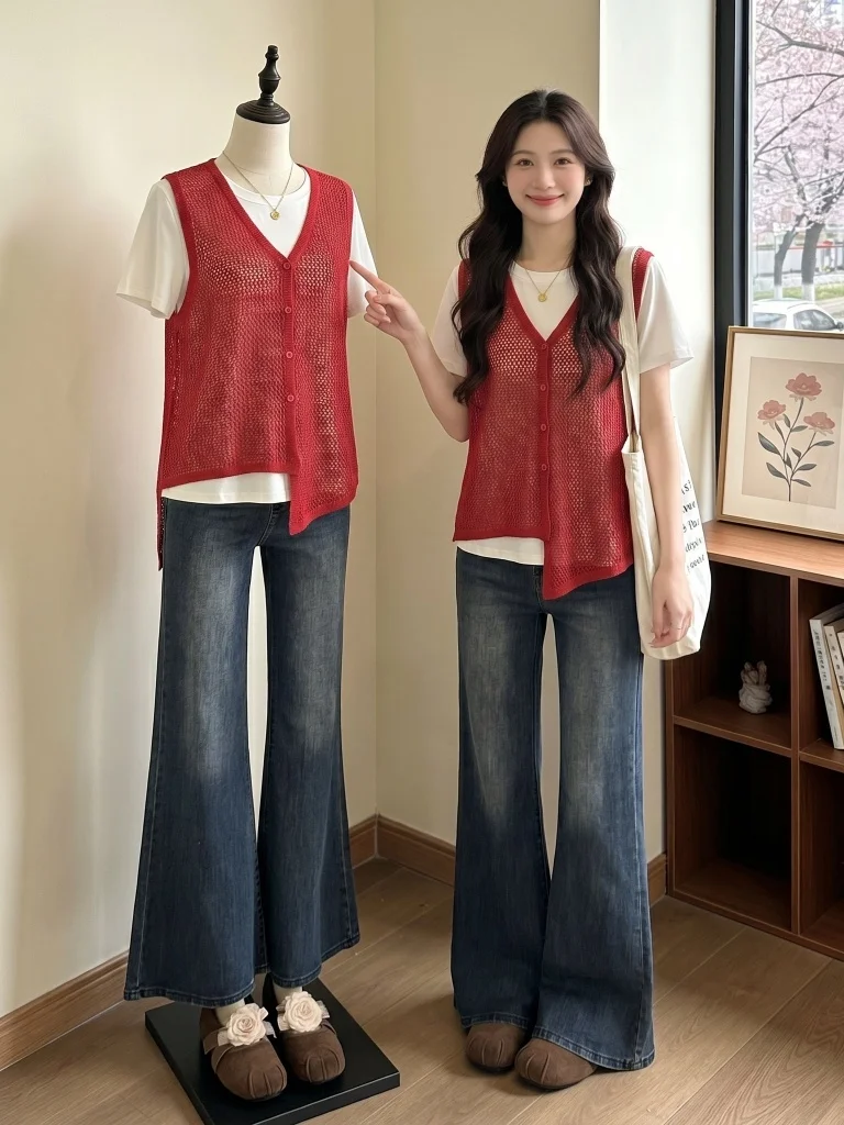 Red Hollow out Knitted V-Neck Tank Top Women's plus Size Summer New Style Uneven Layering Inner Wear Casual Fashion