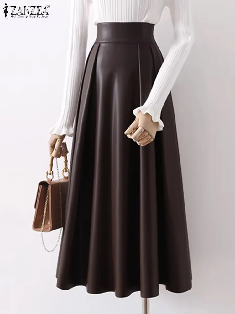 

Elegant Elastic High Waist Pleating Skirt ZANZEA Women PU Leather Long Skirt Causal Loose Jupe Fashion 2024 Summer Maxi Faldas