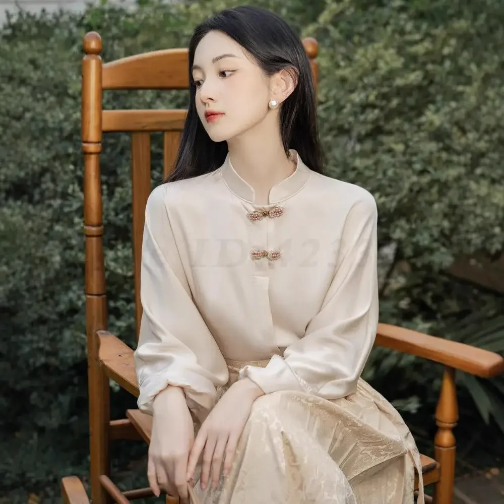 

Традиционные рубашки с воротником-стойкой Hanfu, винтажные женские элегантные рубашки Hanfu в китайском стиле, улучшенная юбка Cheongsam с конским лицом Qipao