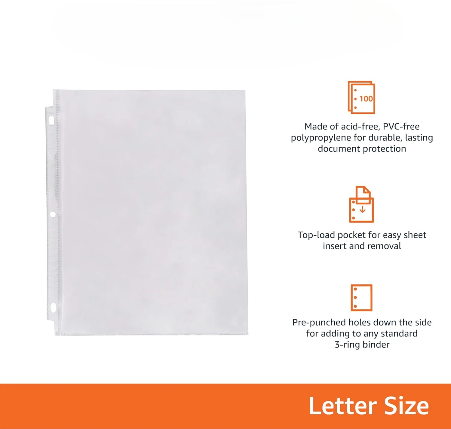 Protetores de folha transparente para fichários de 3 anéis - 8,5 x 11 polegadas, polipropileno, pacote com 100