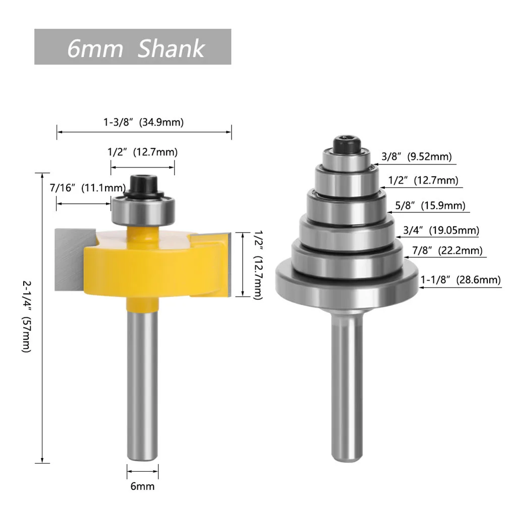 2PCS Rabbet Router Bit Set With 6 Adjustable Bearings 6mm 8mm 12mm Shank Cemented Carbide Milling For Wood For Edge Finishing Tr view 4