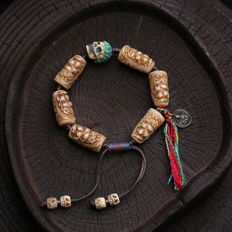 Backflow Carving Corpse Tuolin Handmade Braided Rope Bracelet Root Feeder Yak Bone Accessories Collectables-Autograph Rosar