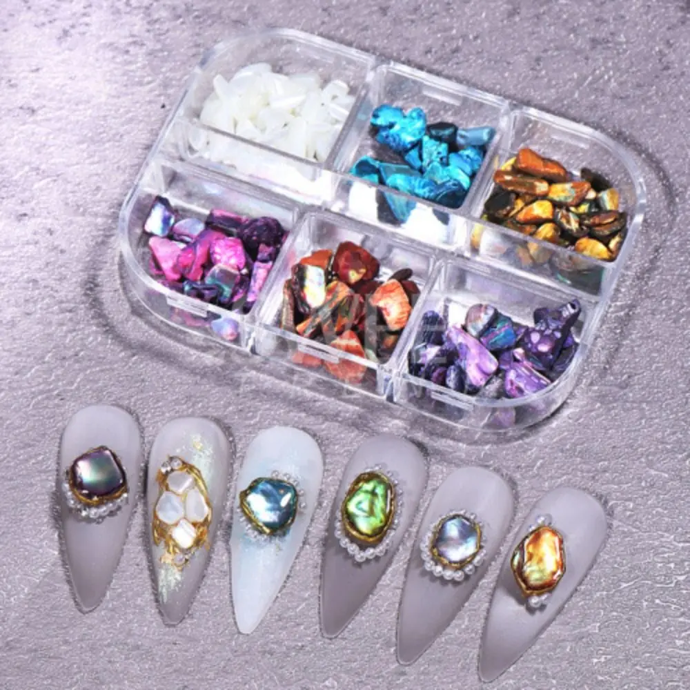 12-Grid Colored Stones Nail Decoration Irregularly Shaped Luxury Retro Style Seashell Fragment Nail Charms DIY
